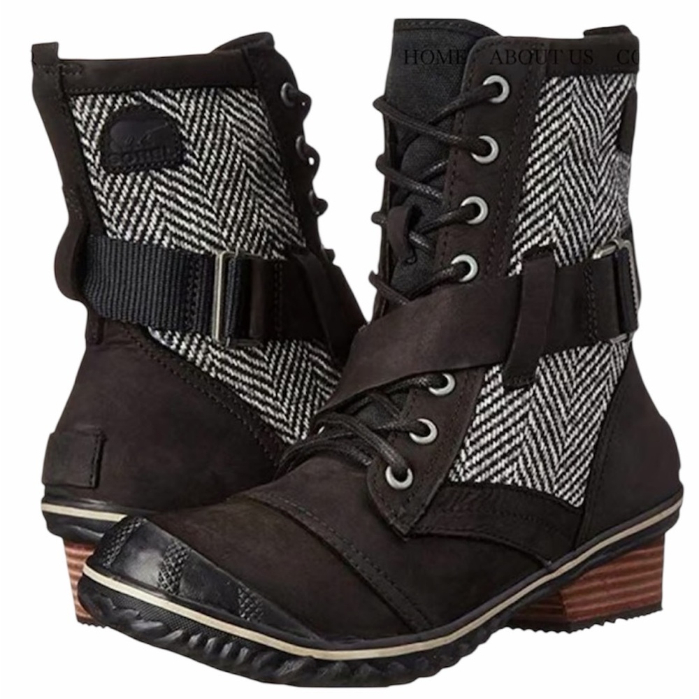 NWOB Sorel Black Slimboot Lace Up Boot Leather Herringbone Buckle Waterproof